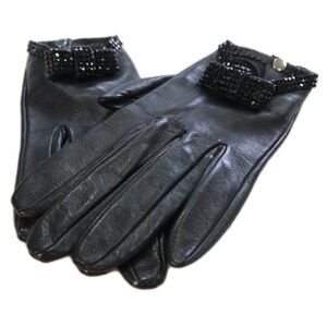 Causse Gantier Women's Black Leather Gloves Rhinestone Bow Detail Luxury French
